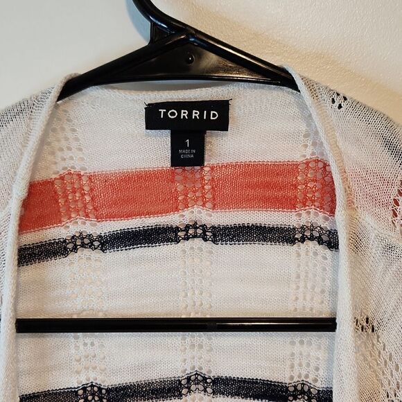 Torrid Open Front Shrug Cardigan Sweater White/Orange Striped Women's Sz 1 EUC - Picture 5 of 12
